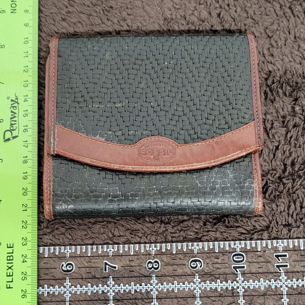 Vintage Fossil Green‎ Woven Trifold Wallet Brown Leather Trim 1990s Retro